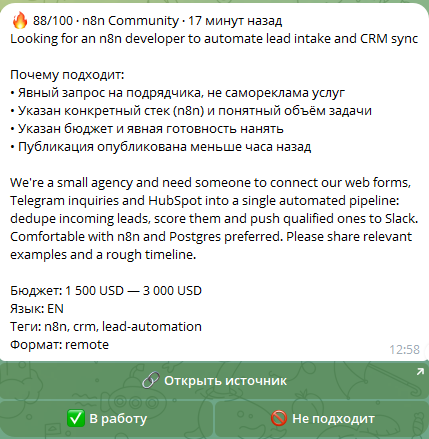 Telegram-уведомление о HOT-лиде: score 88, источник n8n Community, кнопки смены статуса